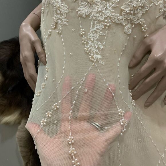 Custom Sample Embroidered Floral Lace, Crystal Beads & Pearls Gown with Shawl - Picture 16 of 17